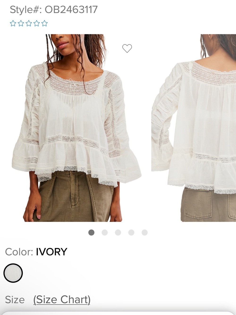 Free People Ivory Lace-Trim Peasant Blouse NWT Sz S
